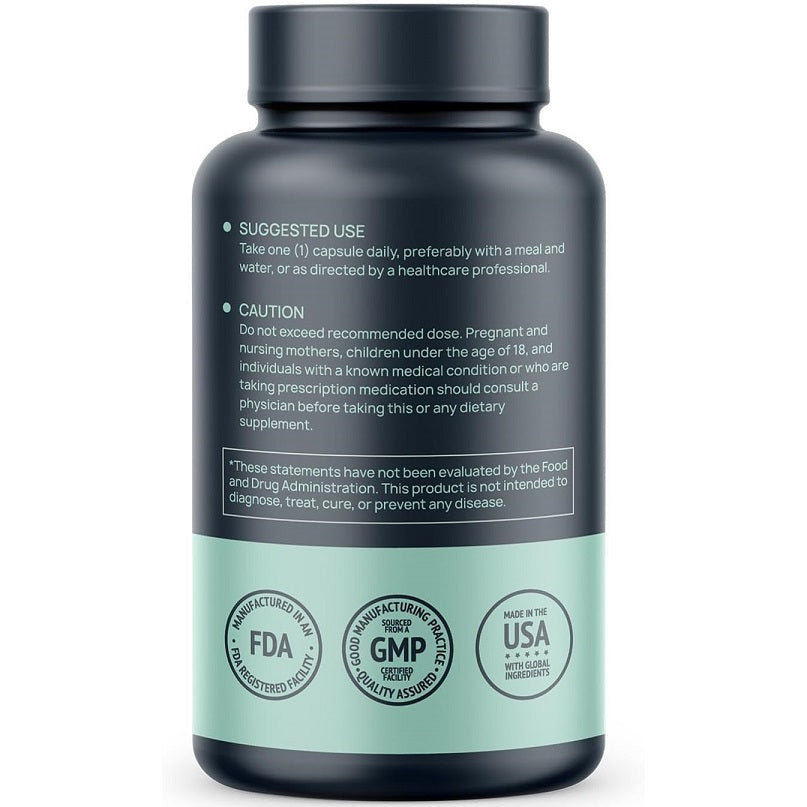 Trans-pterostilbene dietary supplement bottle with back label and usage/caution text, dark cap