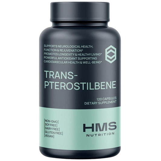 Trans-pterostilbene bottle, front label with HMS Nutrition, 120 capsules, vegan and gluten-free
