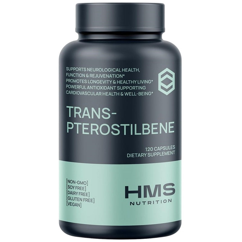 Trans-pterostilbene bottle, front label with HMS Nutrition, 120 capsules, vegan and gluten-free