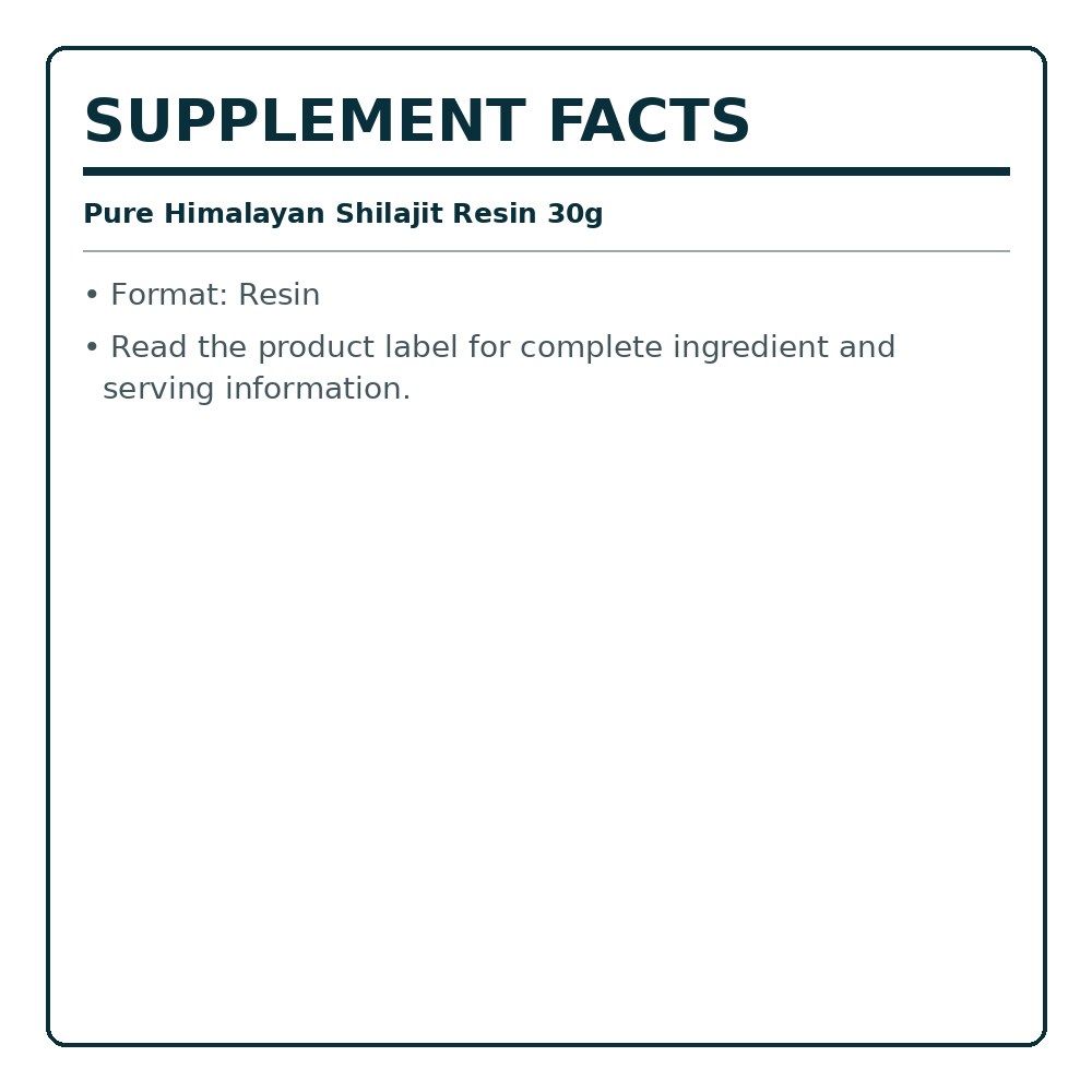 Shilajit resin 30g supplement facts label with format: resin
