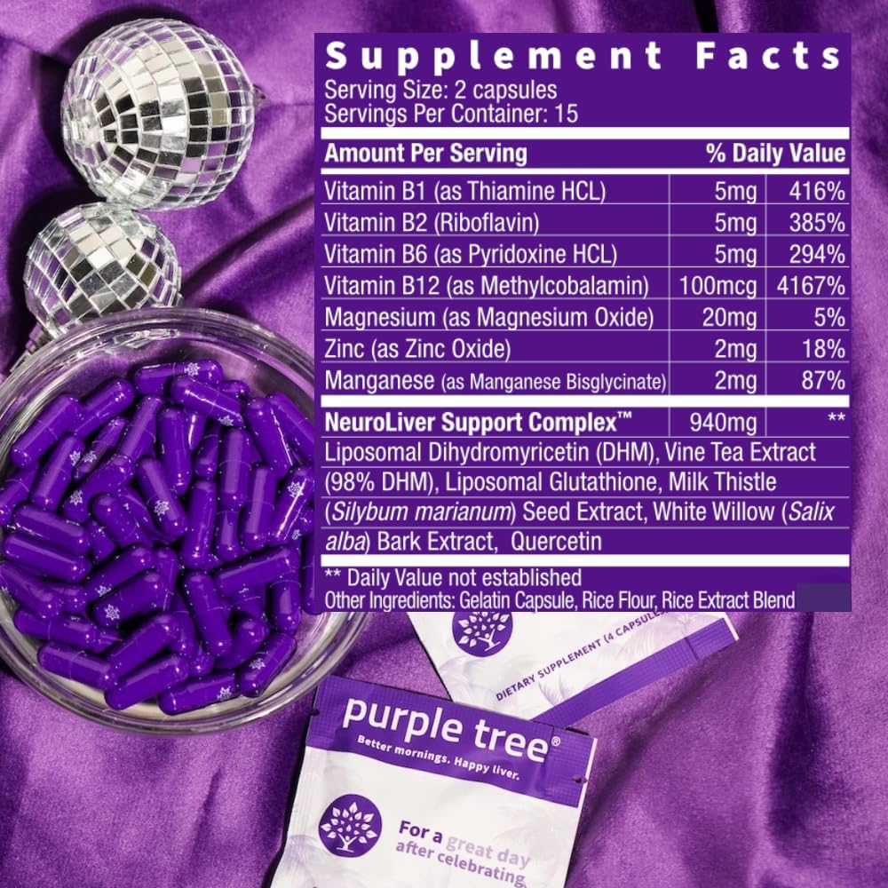 Purple tree wellness supplement bottle with supplement facts panel and purple capsules