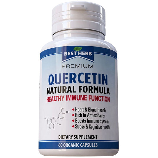 Quercetin dietary supplement bottle, label shows 60 organic capsules and immunity support