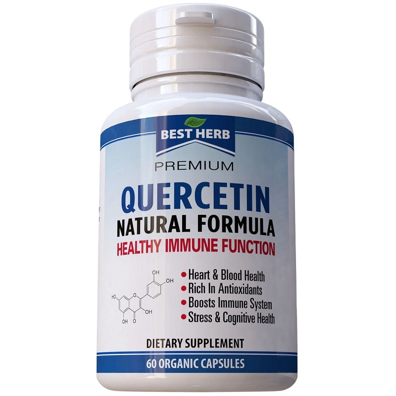 Quercetin dietary supplement bottle, label shows 60 organic capsules and immunity support