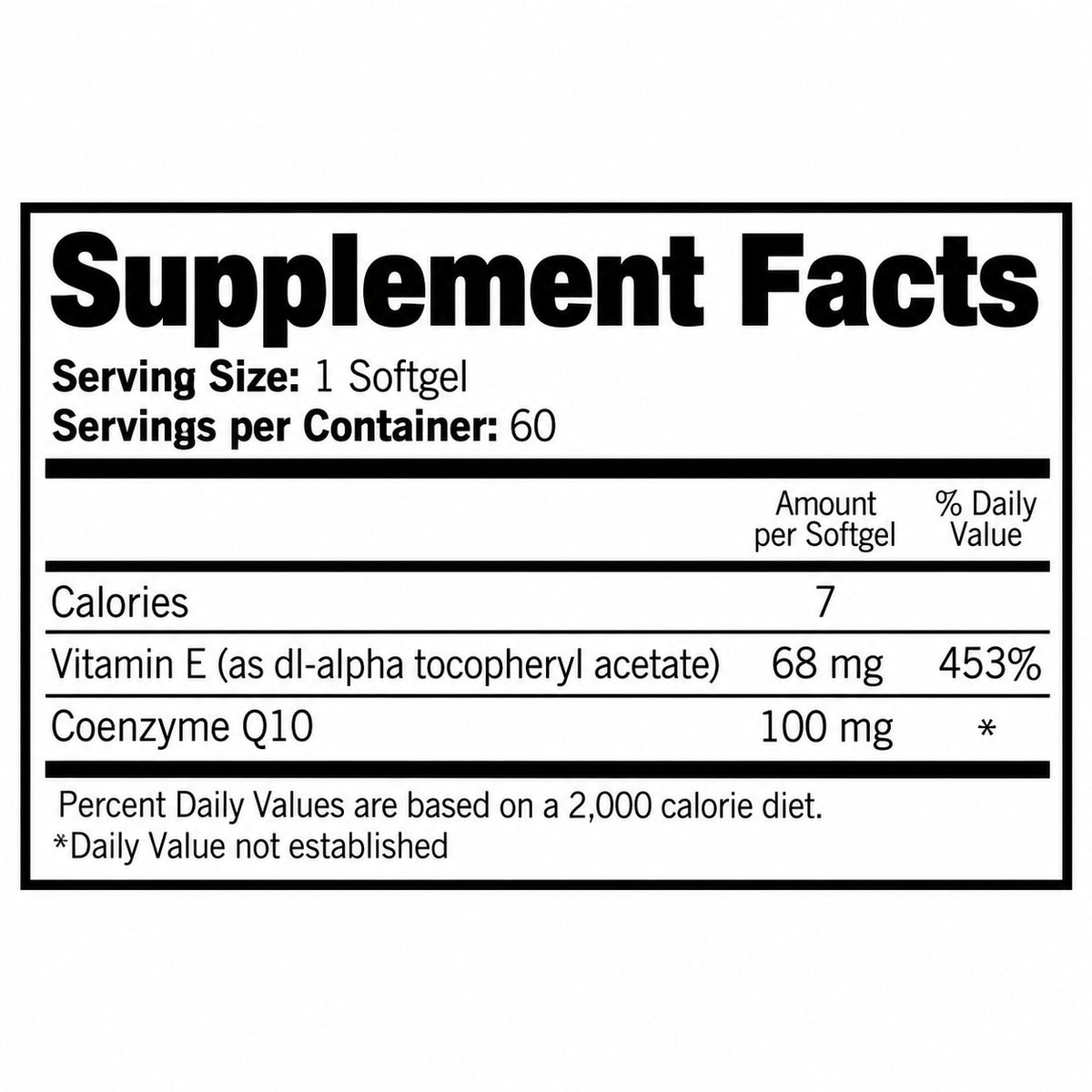 Supplement facts label showing Coenzyme Q10 100 mg and Vitamin E 68 mg per 1 softgel