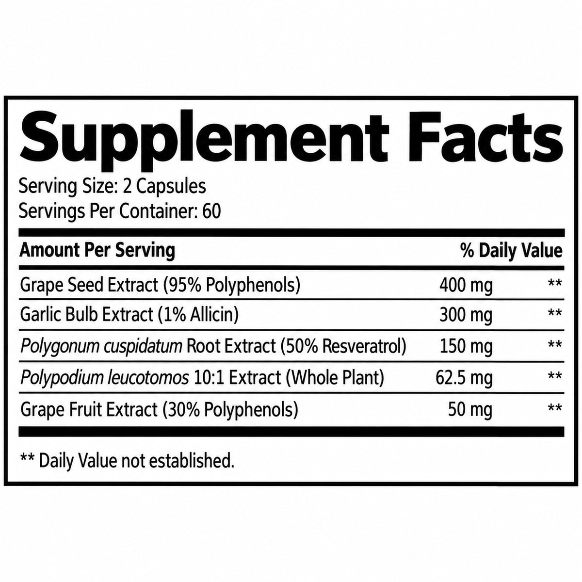 Supplement Facts label for resveratrol complex, serving size 2 capsules, 60 servings