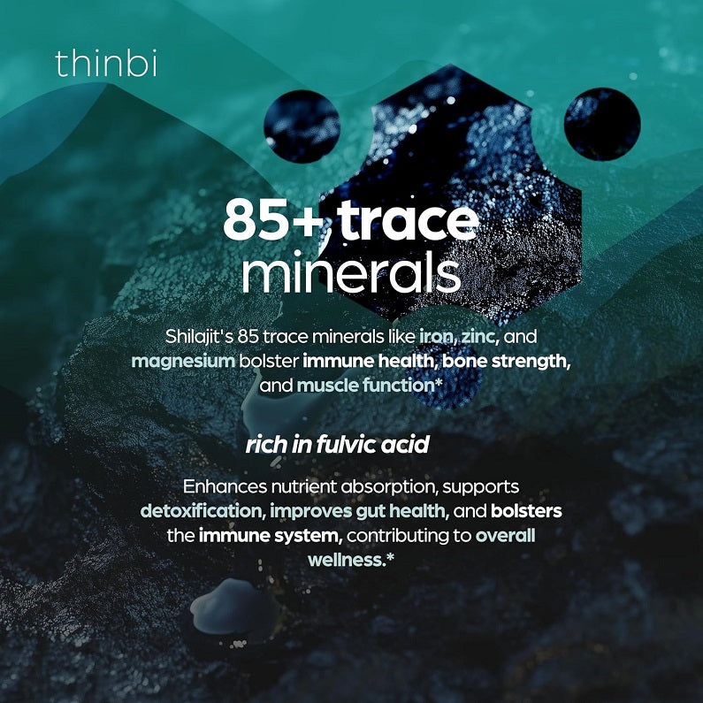 Shilajit resin+ infographic listing 85+ trace minerals and rich fulvic acid