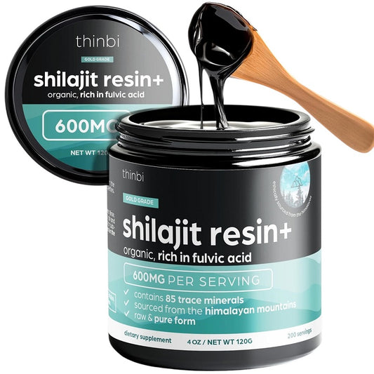 Shilajit resin+ jar with 600mg per serving, black lid and resin on spoon