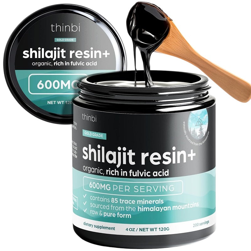 Shilajit resin+ jar with 600mg per serving, black lid and resin on spoon