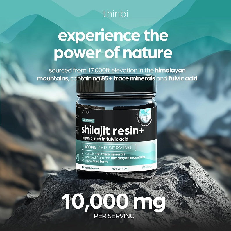 Shilajit resin+ glass jar on rocks, 600mg per serving label visible