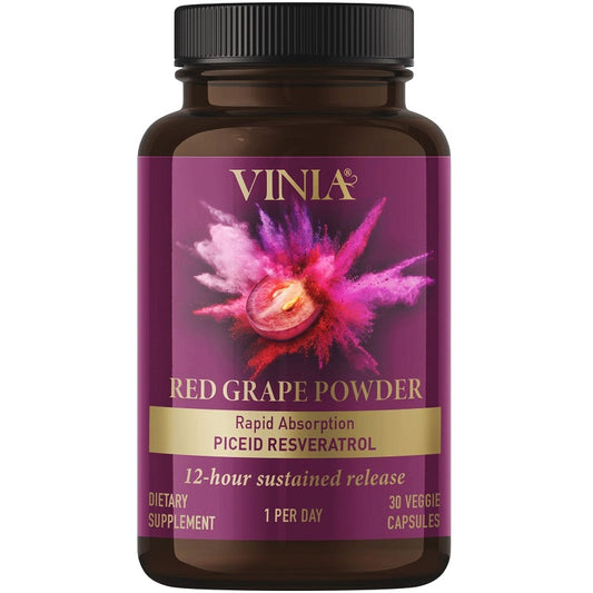 VINIA red grape powder bottle with black cap, 30 veggie capsules label