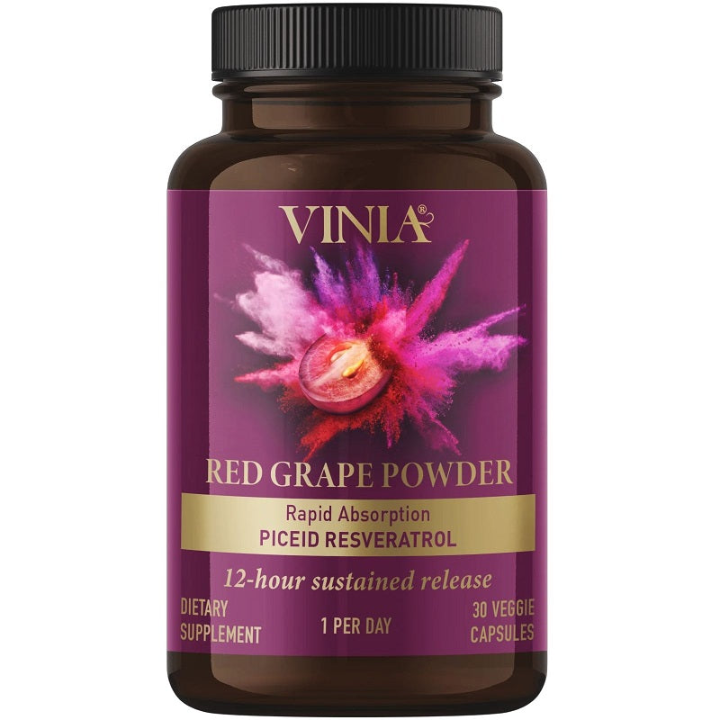 VINIA red grape powder bottle with black cap, 30 veggie capsules label