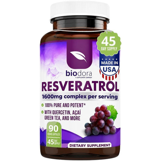 Resveratrol supplement bottle with white cap; purple label shows 1600 mg per serving