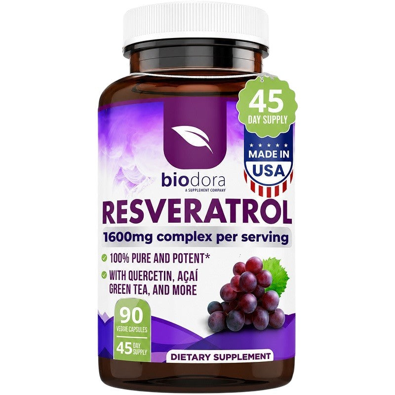Resveratrol supplement bottle with white cap; purple label shows 1600 mg per serving
