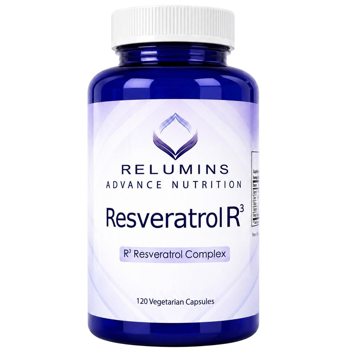Relumins Resveratrol R3 complex supplement bottle with 120 vegetarian capsules