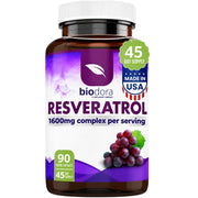 Biodora Resveratrol supplement bottle with 1600mg per serving, 90 capsules