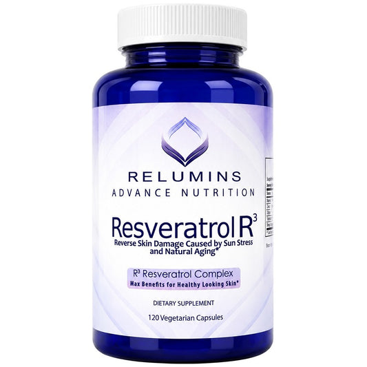 Relumins Resveratrol R3 complex supplement bottle, 120 vegetarian capsules, blue glass