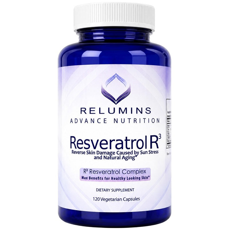 Relumins Resveratrol R3 complex supplement bottle, 120 vegetarian capsules, blue glass