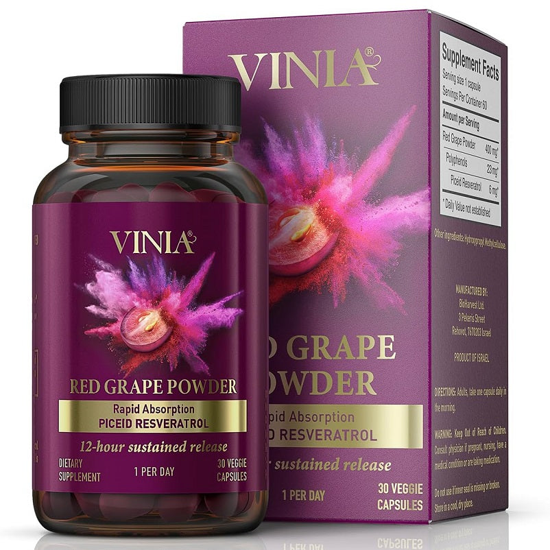 VINIA red grape powder supplement bottle with purple “Grape Powder” package