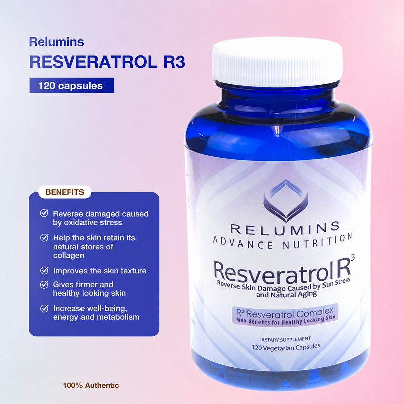 Relumins Resveratrol R3 complex bottle with label and benefits panel, 120 capsules