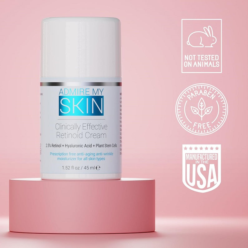 Retinoid cream bottle with not-tested-on-animals and paraben-free seals, 1.52 fl oz