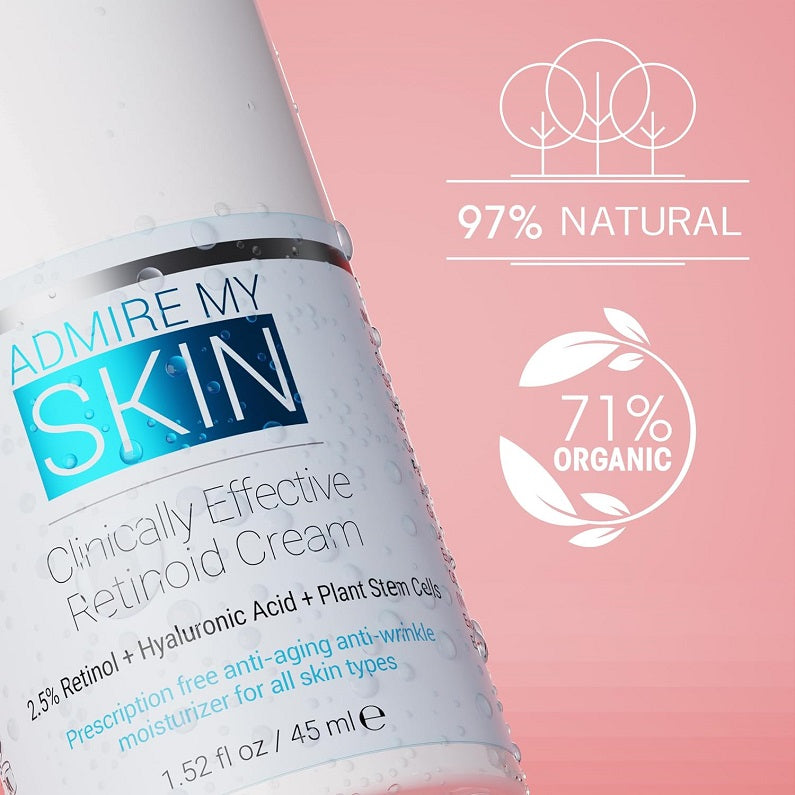 Retinoid cream bottle with 97% natural and 71% organic label text, 1.52 fl oz