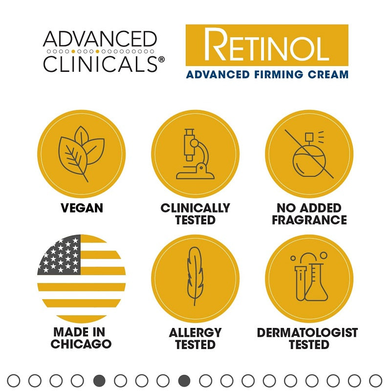 Advanced Clinicals Retinol firming cream features vegan, clinically tested, dermatologist tested