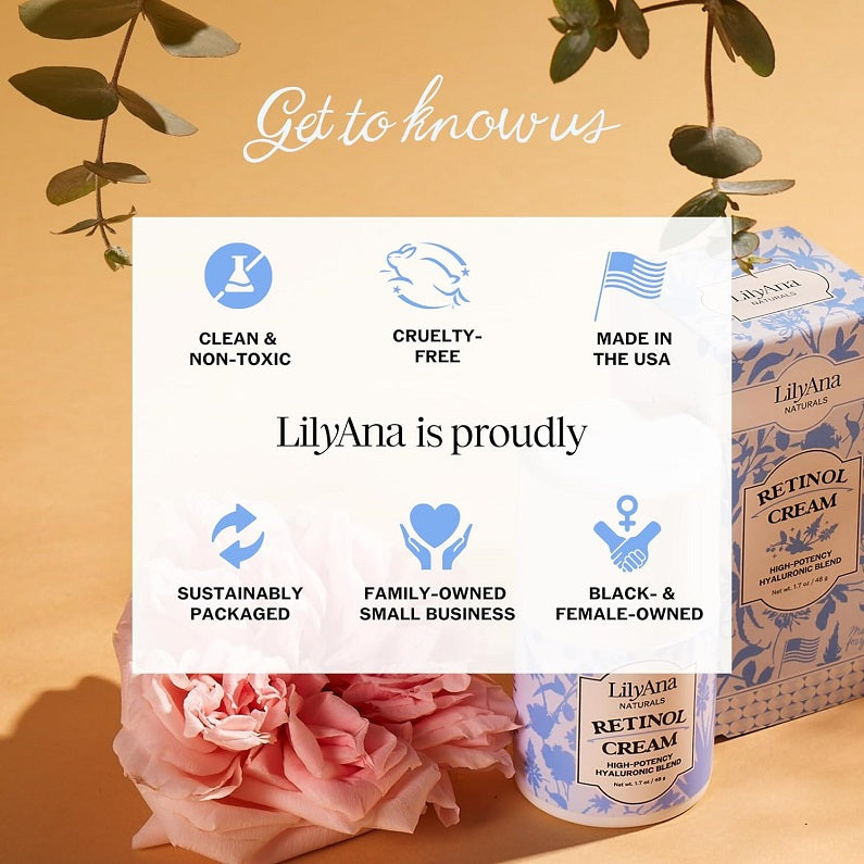 Retinol cream jar on promotional card with icons and text