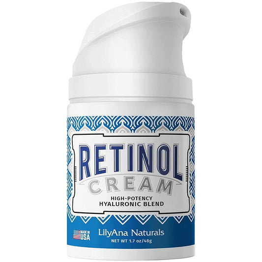 LilyAna Naturals retinol cream jar, blue label and white cap