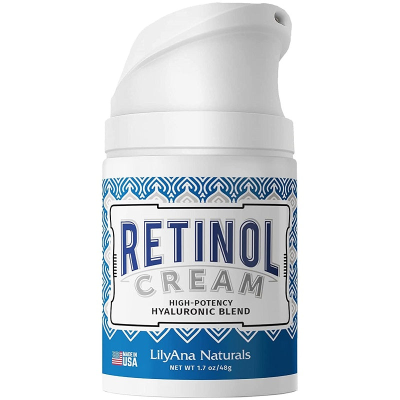 LilyAna Naturals retinol cream jar, blue label and white cap