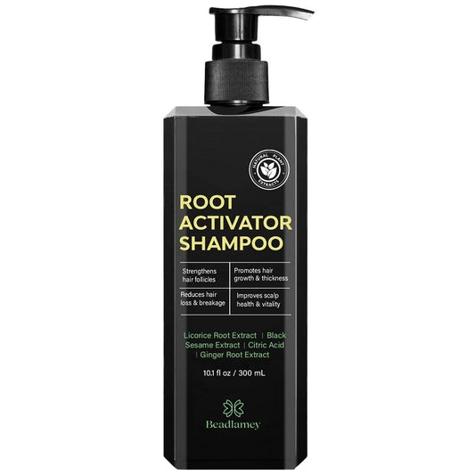 Root activator shampoo bottle with black pump, 300 mL label