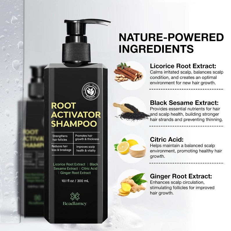 Root activator shampoo with black pump and ingredients text on label