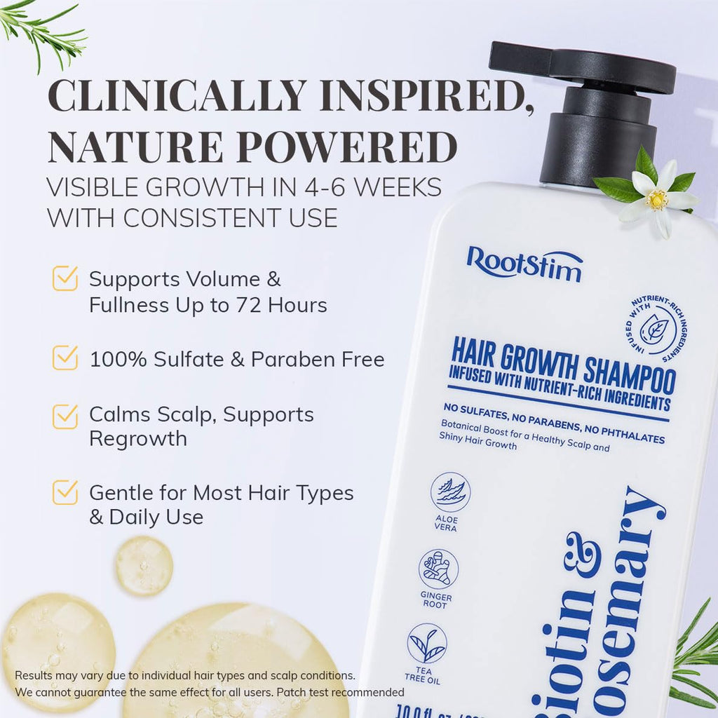 Hair growth shampoo bottle with black pump, blue RootStim label and infusion text