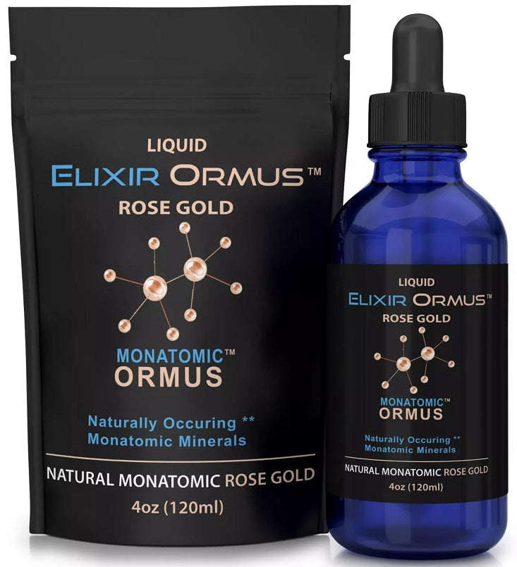Elixir Ormus rose gold monatomic liquid pouch & bottle, 4 oz (120 ml).