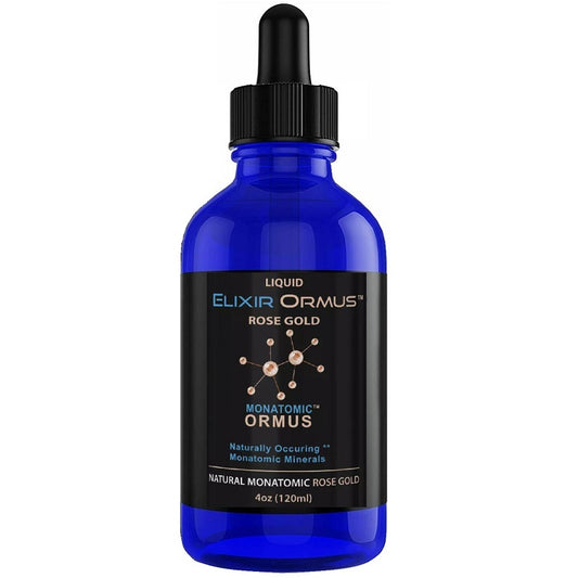 Elixir Ormus rose gold monatomic liquid bottle, 4 oz (120 ml).
