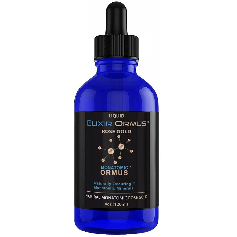 Elixir Ormus rose gold monatomic liquid bottle, 4 oz (120 ml).