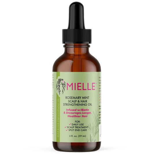 Mielle rosemary mint scalp oil, amber bottle with black dropper cap