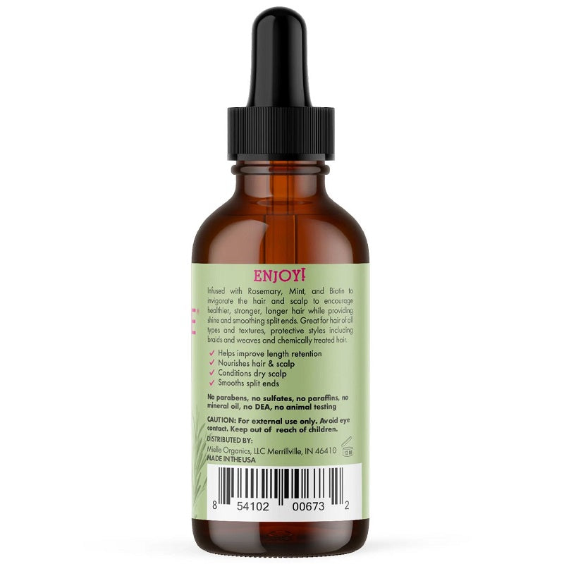 Mielle rosemary mint scalp oil, amber bottle with black dropper cap, barcode label