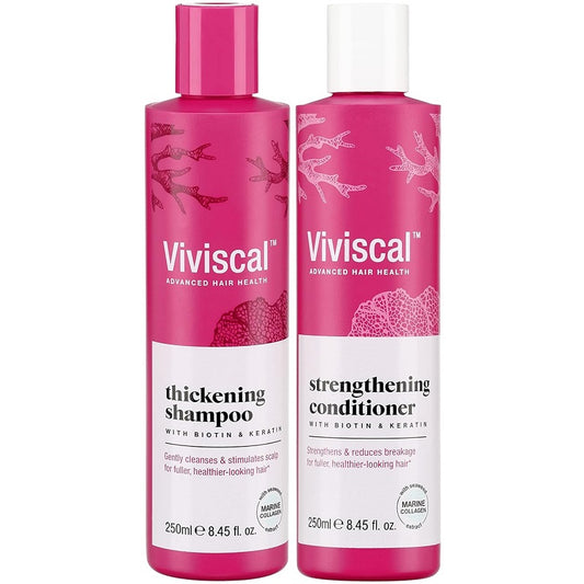 Hair thickening shampoo and strengthening conditioner bottles, pink labels, 250 ml each