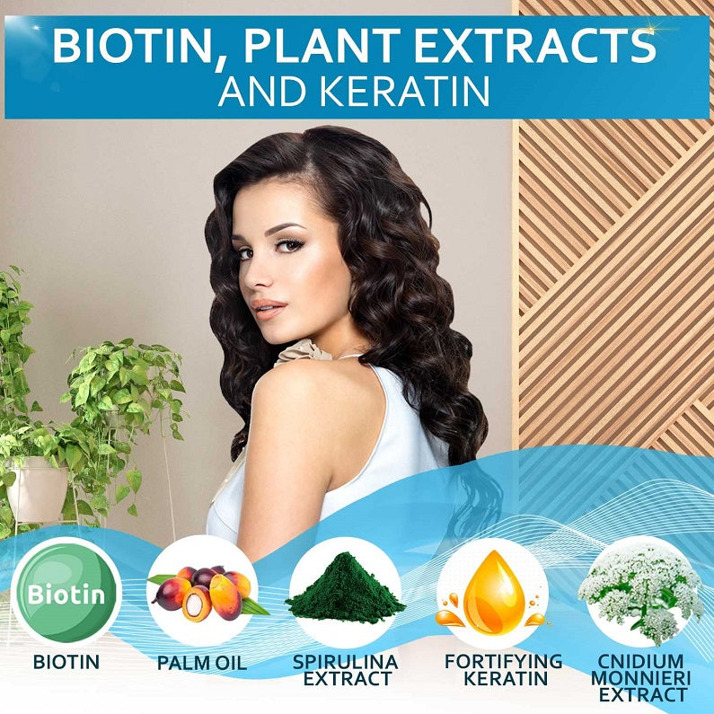 Biotin hair care shampoo and conditioner set with blue bottles and ingredient icons