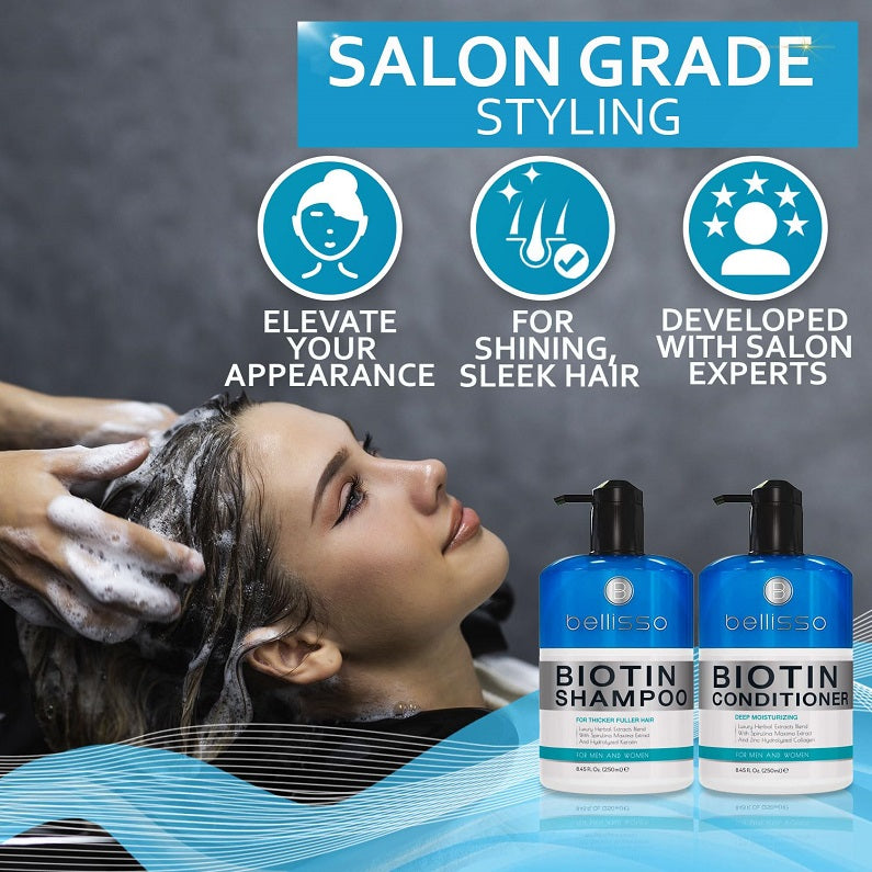 Biotin shampoo and conditioner bottles with black pumps, shown with salon styling badges