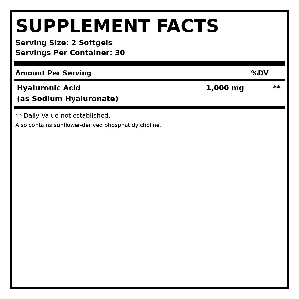 Sambugra supplement facts panel: Hyaluronic Acid 1,000 mg (2 softgels), 30 servings