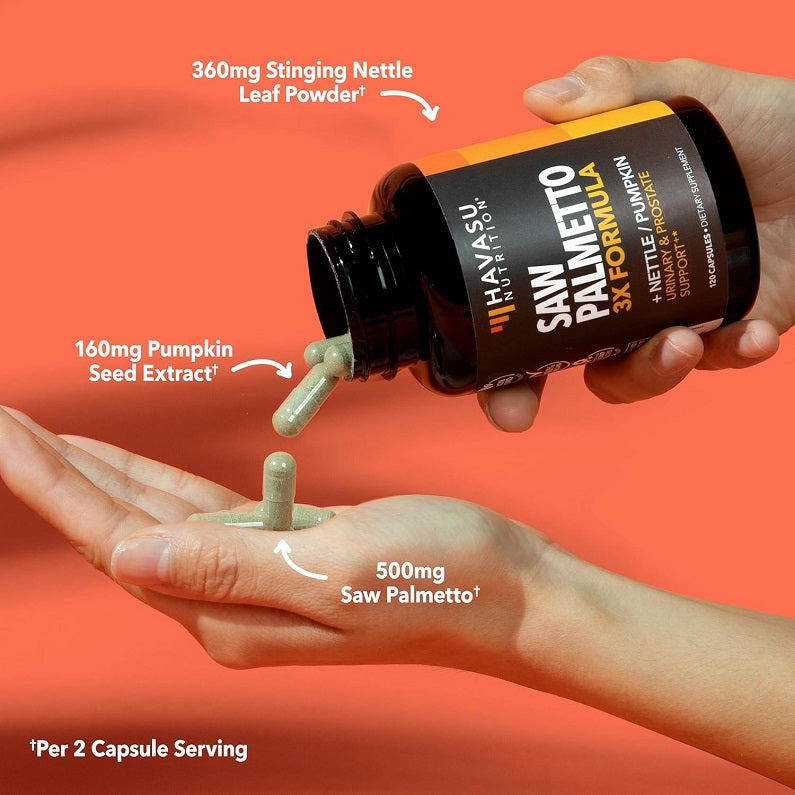 Havasu Nutrition Saw Palmetto supplement bottle with light green capsules in hand