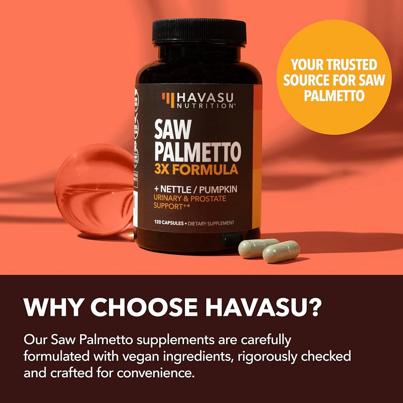 Havasu Nutrition Saw Palmetto 3X Formula supplement bottle with light green capsules