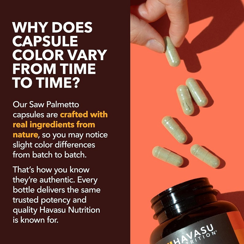 Havasu Nutrition Saw Palmetto capsules in light green with black supplement bottle