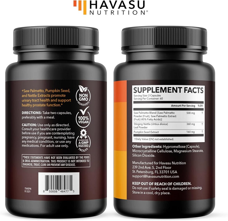 Havasu Nutrition Saw Palmetto supplement bottles with back label text and facts panel