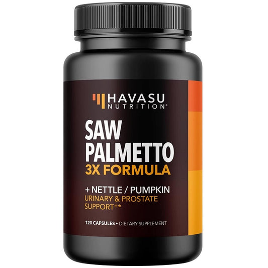 Havasu Nutrition Saw Palmetto 3X Formula supplement bottle, black with orange label