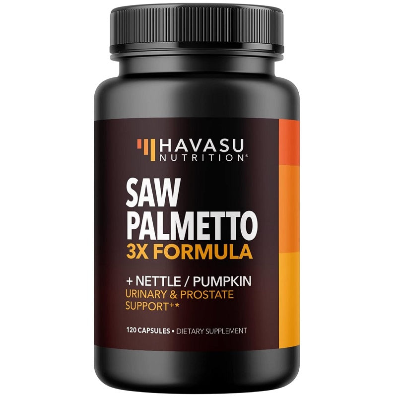 Havasu Nutrition Saw Palmetto 3X Formula supplement bottle, black with orange label