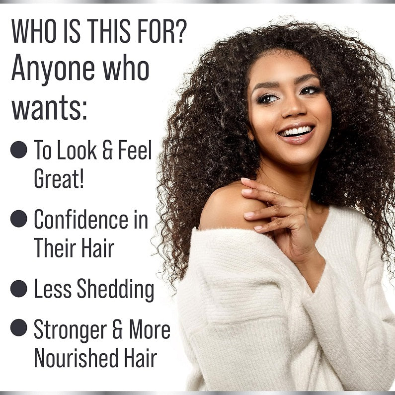 Smiling woman with curly hair in a light sweater, with promotional hair goal text