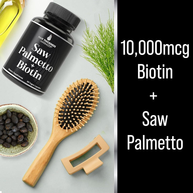 Saw palmetto + biotin bottle with hair brush, plant leaves, and 10,000mcg biotin text