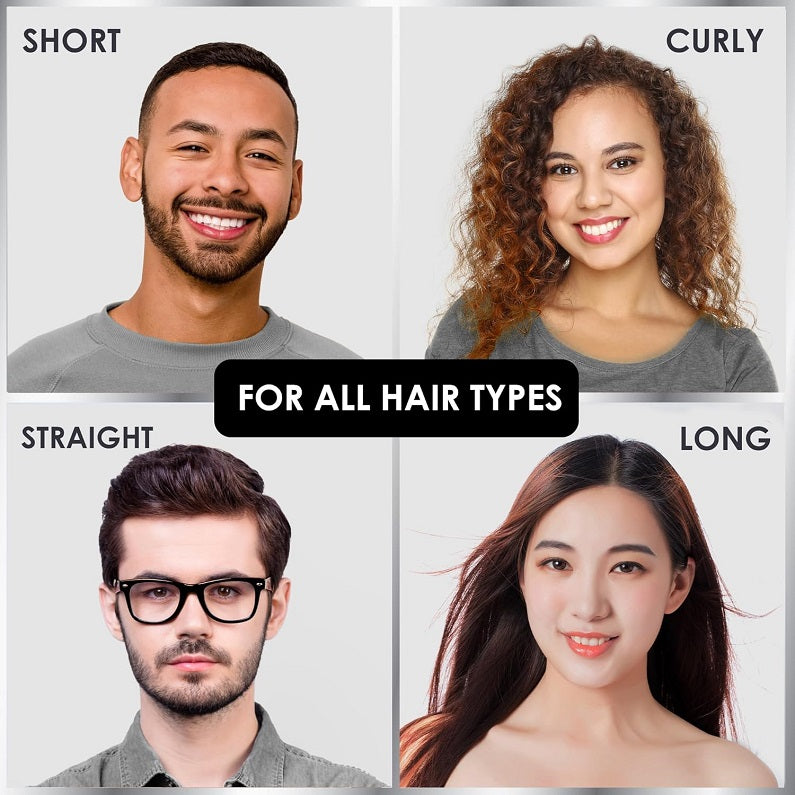 Collage of four models showing short, curly, straight, and long hair types
